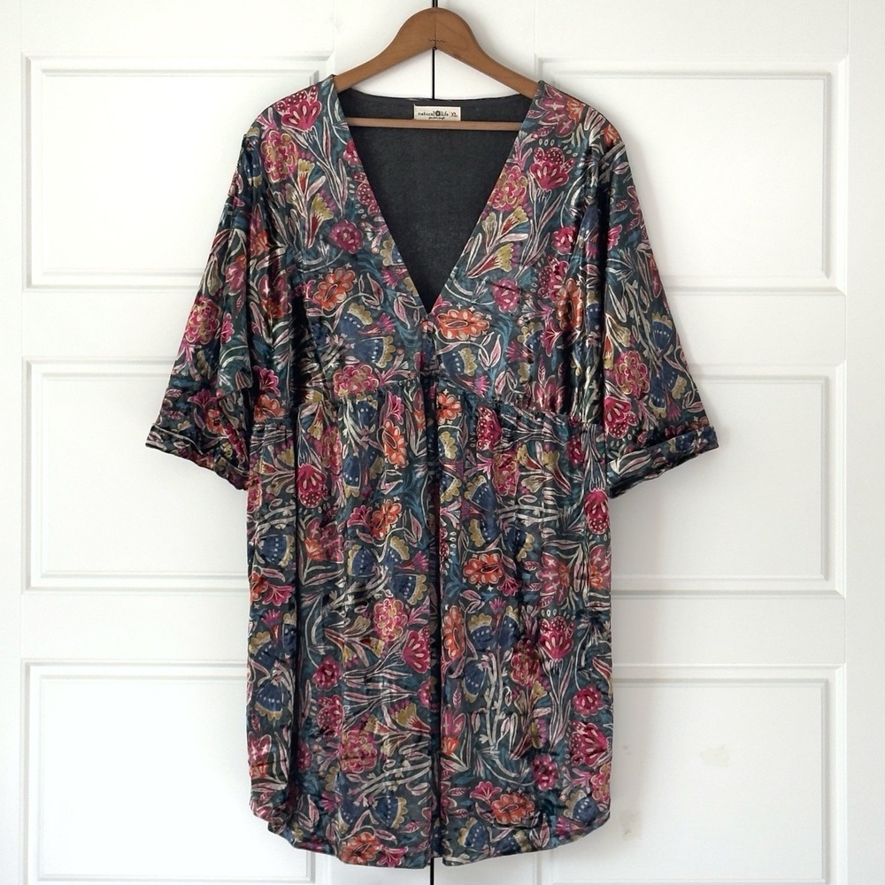 Natural Life Boho Floral Velvet Babydoll Dress XL Mini Metallic Vibrant Artsy